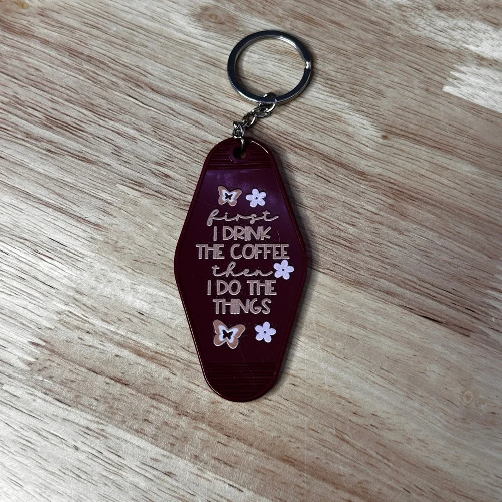First I Drink The Coffee Motel Keychain Burgundy Retro Butterfly Floral Key Fob